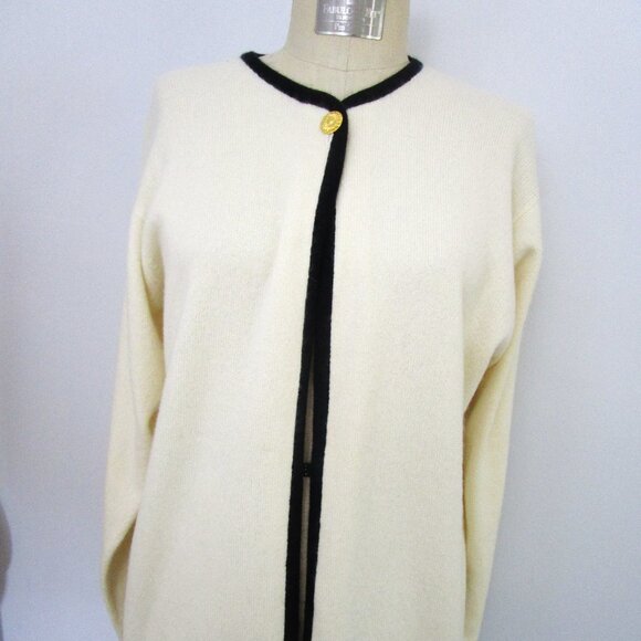 Ivory Scottish CASHMERE Open Cardigan Sweater UK Knit Black Banding - Picture 1 of 11